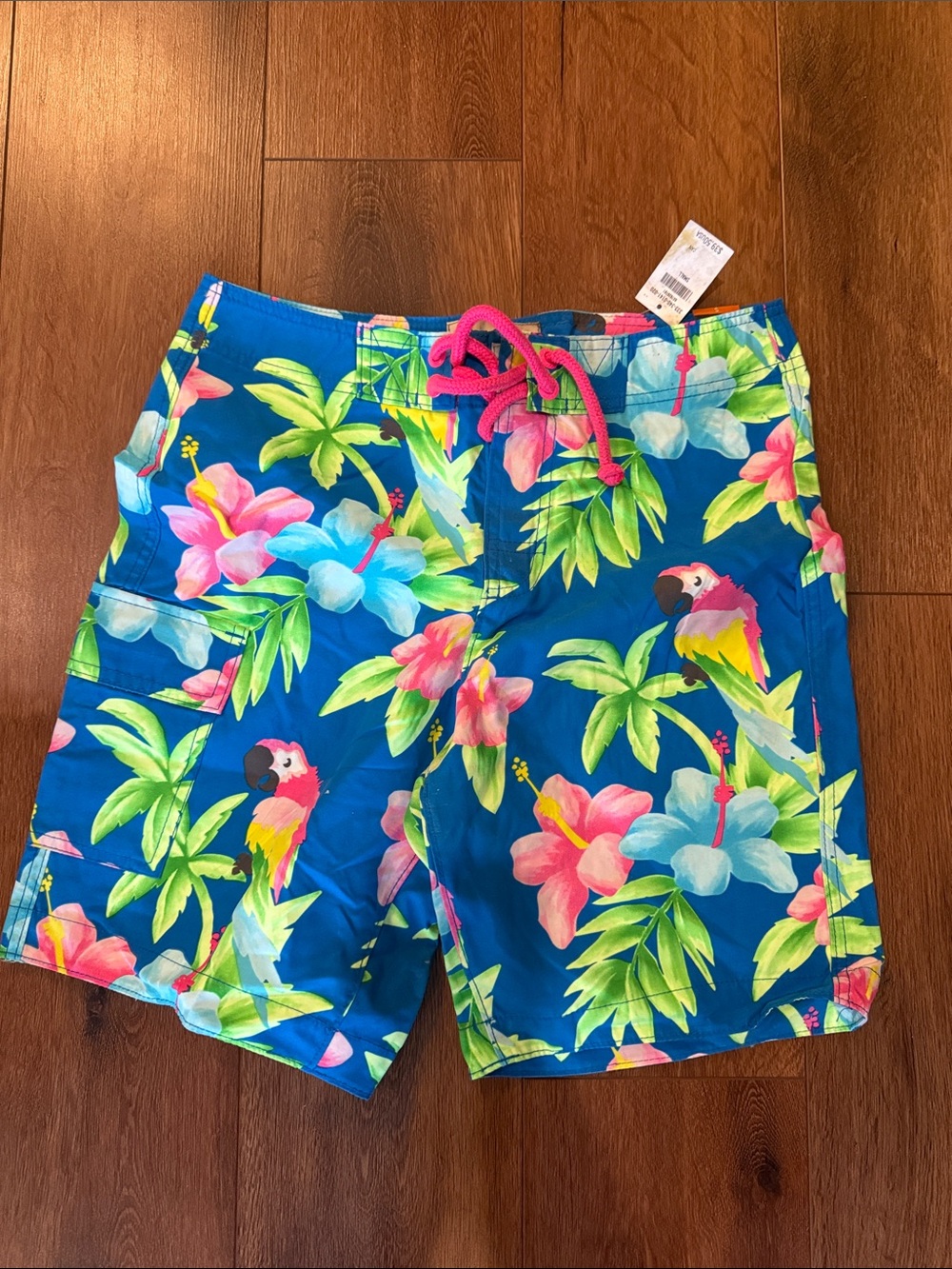 Hollister Bright Blue Tropical Parrot Swim Trunks with Pink Drawstring